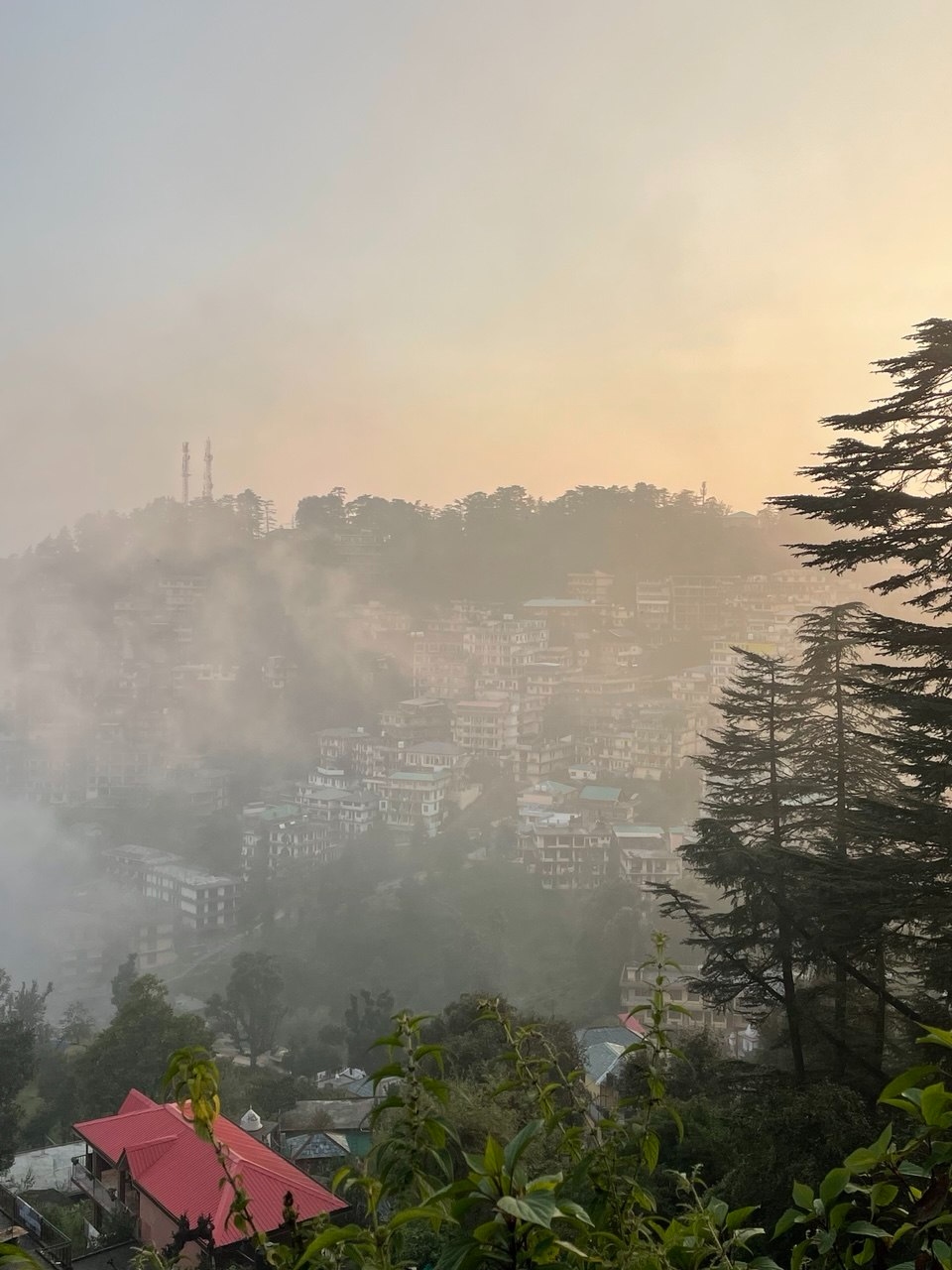 Дхарамсала на рассвете в тумане — золотой свет над горным городом